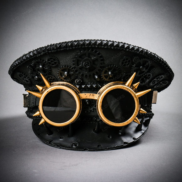 Steampunk Burning Man Spike Gold Goggles Captain Hat - Black - Picture 3 of 7